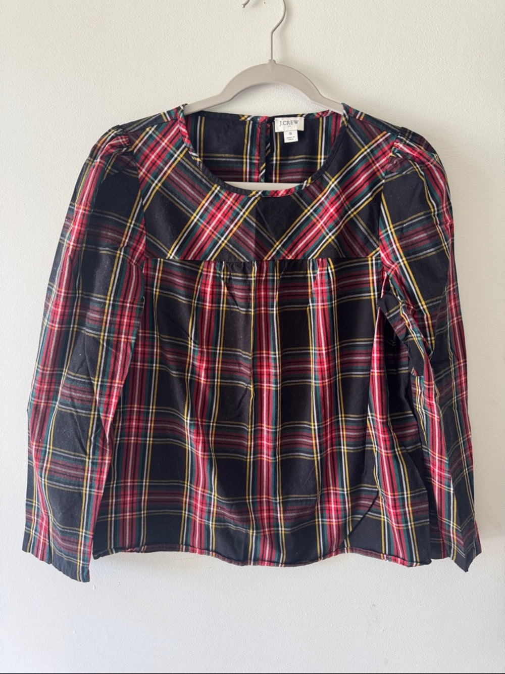 J. Crew Navy Tartan Long-Sleeve Peasant Blouse